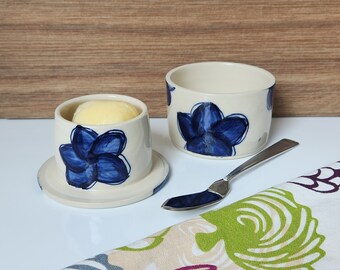 Dark Blue Flower Butter Crock, Handmade Pottery French Butter Keeper - Blue Daisy-like Flower Ceramic Butter Dish with Lid