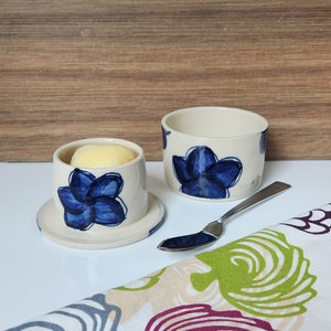 Dark Blue Flower Butter Crock, Handmade Pottery French Butter Keeper - Blue Daisy-like Flower Ceramic Butter Dish with Lid