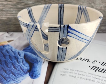 Blue Ivory Yarn Bowl, Handmade Pottery, Ceramic Knitting Bowl