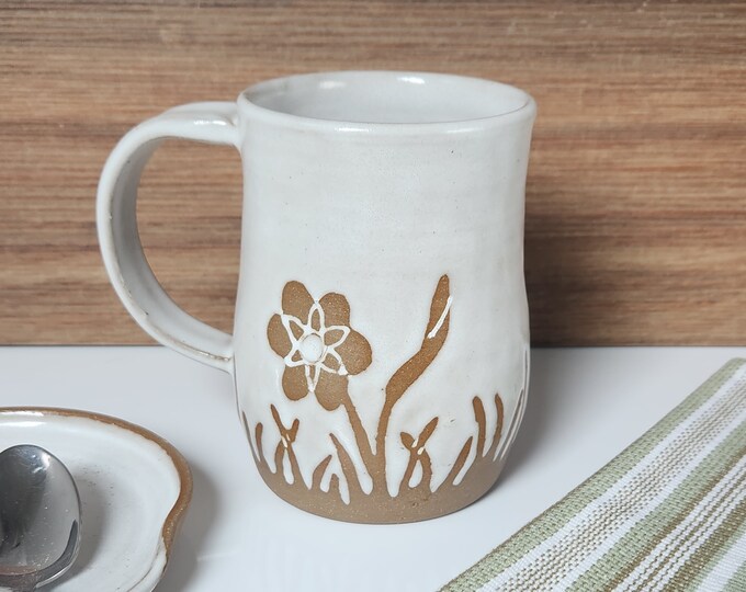Handmade Pottery Coffee Mug in Brown and White with Wildflower Design - 18 oz capacity Ceramic Coffee Cup Floral Motif