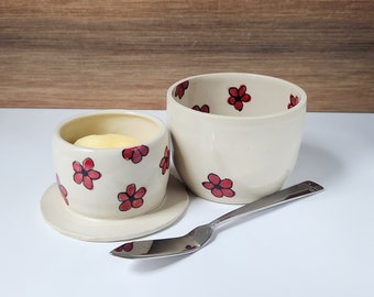 Red Flower Butter Crock, Handmade Pottery French Butter Keeper, Ceramic Butter Dish with Red Daisy Floral Pattern