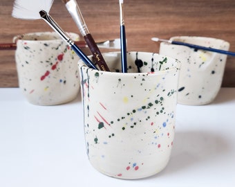 Colorful Handmade Pottery Paint Brush Holder, Artist Brush Holding Cup with Splatter Pattern.