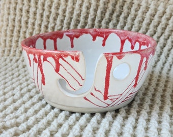 Red and White Yarn Bowl, Handmade Pottery Ceramic Yarn Bowl