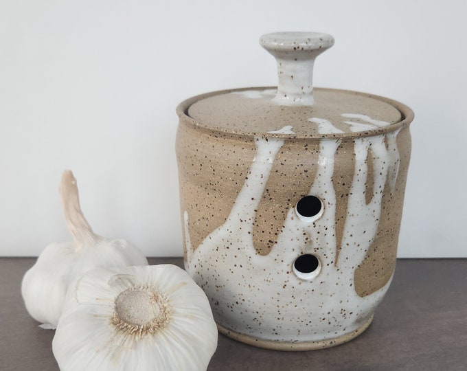 Handmade Pottery Garlic Keeper in White and Brown. Etsy