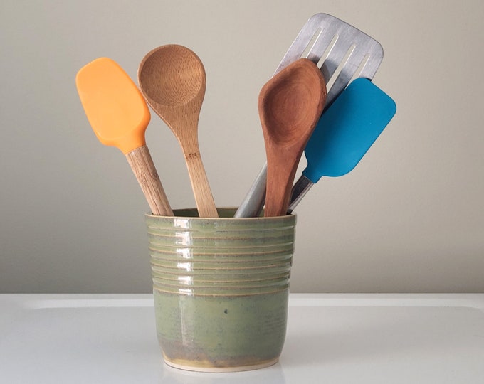Handmade Green Utensil Holder Pottery Utensil Crock Etsy