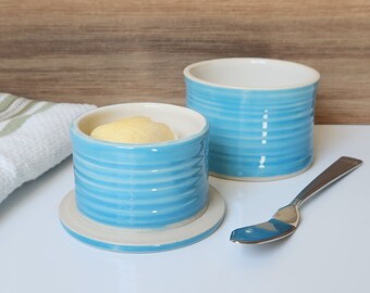 Bright Blue Handmade Butter Keeper, Pottery Butter Crock, Ceramic Butter Dish with Lid in Ocean Blue