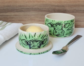 Handmade Green Butter Keeper with Cow Image, Ceramic Butter Crock - Ivory and Green Butter Dish with Lid