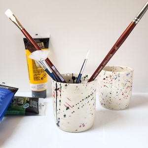 Handmade Colorful Pottery Paint Brush Holder, Artist Brush Holding Cup with Splatter Pattern.