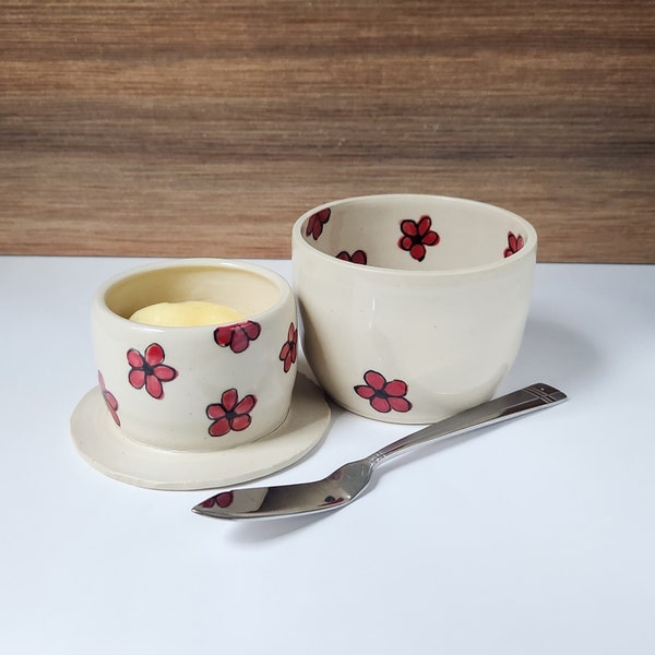 Red Flower Butter Crock, Handmade Pottery French Butter Keeper, Ceramic Butter Dish with Red Daisy Floral Pattern