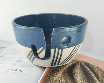 Handmade Ceramic Yarn Bowl: Blue & Ivory Pottery, Knitting Bowl