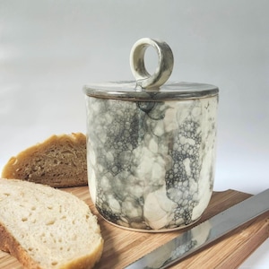 Handmade Black Bubble Pottery Crock: Sourdough Starter Jar with Lid