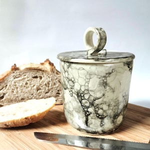 Black Bubble Pottery Crock - Handmade Pottery Sourdough Levain Keeper, Ceramic Storage Jar - 32 fl oz capacity