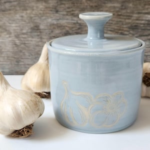 Blue Handmade Pottery Garlic Crock, Ceramic Garlic Keeper  Pale Blue Garlic Storage with Garlic Image