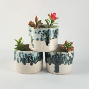 May include: Three ceramic planters stacked, each with a unique blue and white glaze and a cream-colored base. The planters hold small plants with red, green, and brown leaves. The glaze has a dripping effect.