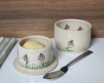 Coneflower Handmade Butter Crock, Pottery French Butter Keeper - Green, Pink, and Ivory Butter Dish with Lid