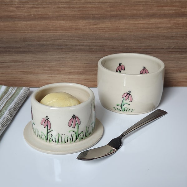 Coneflower Handmade Butter Crock, Pottery French Butter Keeper - Green, Pink, and Ivory Butter Dish with Lid