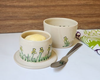 PRE ORDER | Daffodil Handmade Butter Crock, Pottery French Butter Keeper - Green, Yellow, and Ivory Butter Dish with Lid