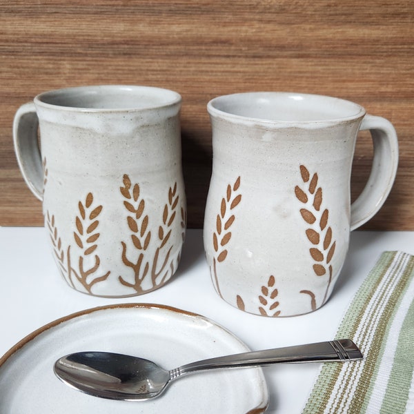 Lavender Pattern Coffee Mug, Handmade Pottery in Brown and White with Floral Design - 18 oz capacity Ceramic Cup