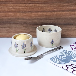 PRE ORDER | Lavender Flower Butter Crock, Handmade Pottery French Butter Keeper, Ceramic Butter Dish with Lid - Lavender Floral Pattern