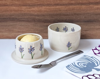 Lavender Flower Butter Crock, Handmade Pottery French Butter Keeper, Ceramic Butter Dish with Lid - Lavender Floral Pattern