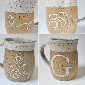 Simple images can be carved into the mug.   Images include a large initial or simple design representing a hobby or career.