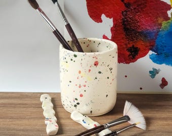 Paint Brush Rest or Brush Holder, Handmade Pottery with Colorful Splatter Pattern.