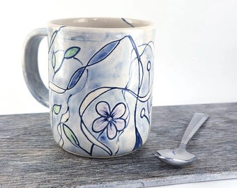 Handmade Blue Floral Pottery Coffee Mug, 16 oz Stoneware Ceramic Cup