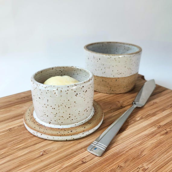 Handmade Pottery Butter Crock: Speckled Brown and White Butter Dish