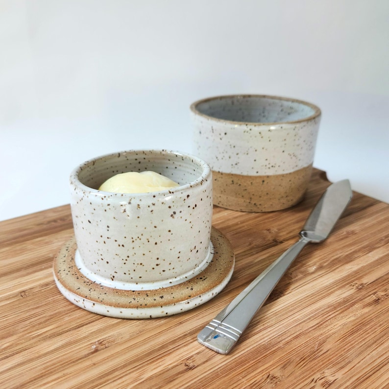 Handmade pottery butter crock in speckled white and brown.  Individually hand crafted in a small, home based studio located in the USA.