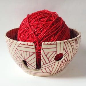 Handmade Ceramic Yarn Bowl: Red & Ivory Pottery, Knitting Bowl