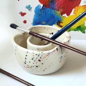 PRE ORDER Handmade Ceramic Double Water Rinse Cup: Artist Brush Holder with Brush Rest
