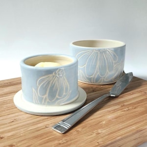 Coneflower Handmade Pottery Butter Crock: Ceramic French Butter Keeper, Light Blue Gray