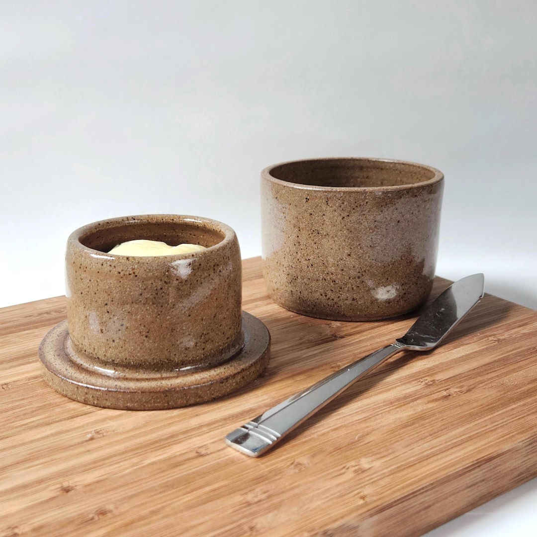 Handmade Brown Speckled Pottery Butter Crock: Ceramic Butter Keeper
