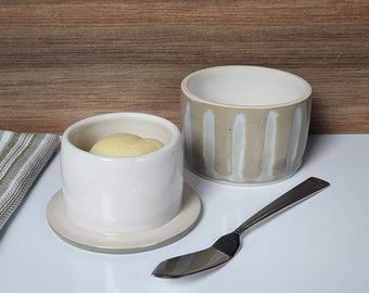 Gray Brown Handmade Butter Crock, Pottery French Butter Keeper, Ceramic Butter Dish with Pattern in Gray and Ice Blue