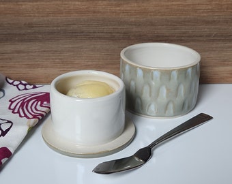 Gray, Blue, Brown Handmade Butter Crock, Pottery Butter Keeper - Ceramic Butter Dish with Lid and Carved Sides