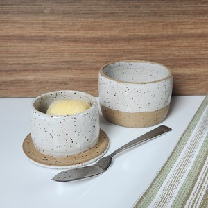 PRE ORDER | White and Brown Handmade Pottery Butter Crock, French Butter Keeper, Ceramic Butter Dish Designed with Half Dip White Glaze