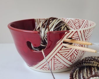 Red and Ivory Yarn Bowl, Handmade Pottery Ceramic Yarn Bowl, Design looks like a ball of yarn