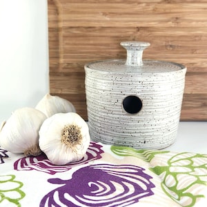 Handmade Pottery Garlic Keeper, Large Ceramic Garlic Crock in Speckled White and Brown