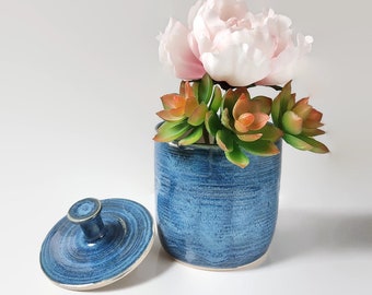 Handmade Pottery Storage Jar, Ceramic Urn in Denim Blue, Vase with Lid