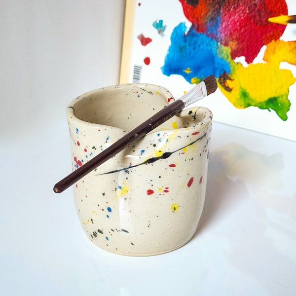 Colorful Handmade Pottery Paint Water Cup, Artist Brush Holder with a Folded Rim for Brush Rest.