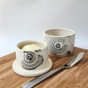 Handmade Pottery Butter Crock with Spiral Design, Ceramic French Butter Keeper, Ivory and Black Butter Dish