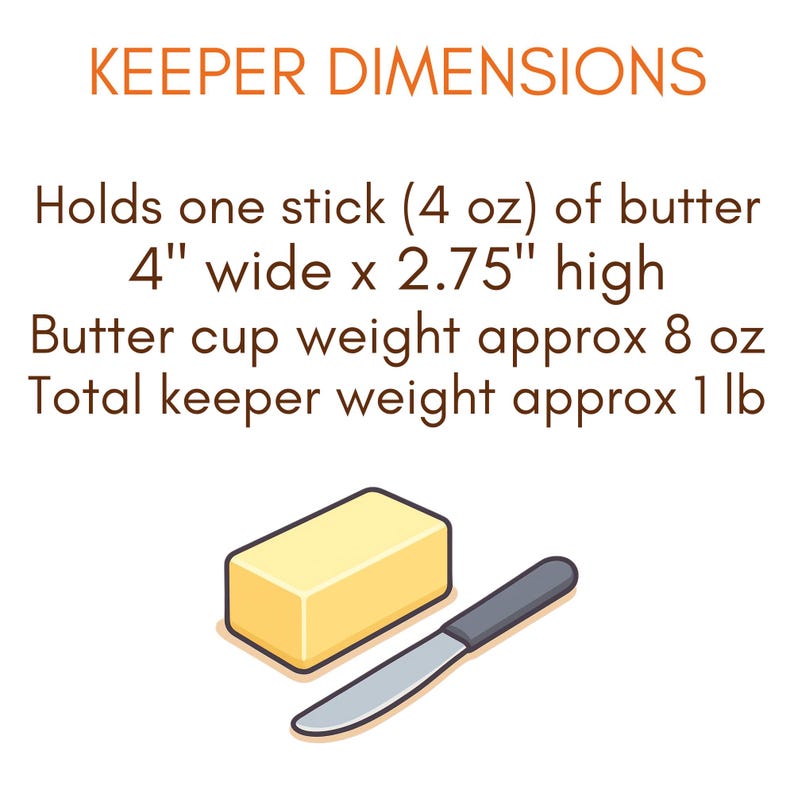 Puede incluir: Un gr&aacute;fico informativo titulado KEEPER DIMENSIONS que muestra el texto: Holds one stick (4 oz) of butter, 4" wide x 2.75" high, Butter cup weight approx 8 oz, Total keeper weight approx 1 lb, con una ilustraci&oacute;n de una barra de mantequilla y un cuchillo.