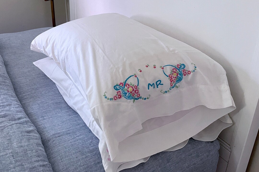 Vintage Hand Embroidered Cannon Pillow Case . Flower Baskets and Monogram Etsy