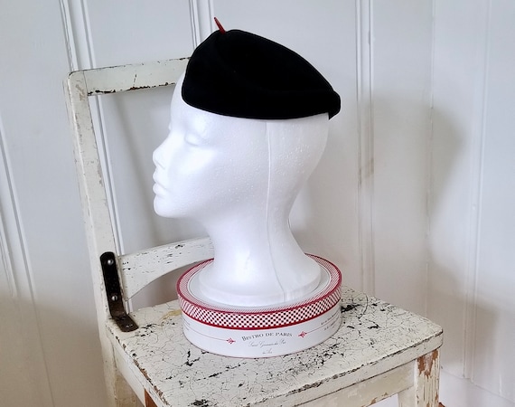 Vintage Black Velour Half Hat with Feather. bonwi… - image 2