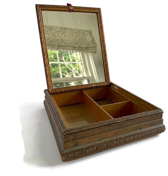 Vintage Carved Wood Jewelry Box with Mirror . vic… - image 3