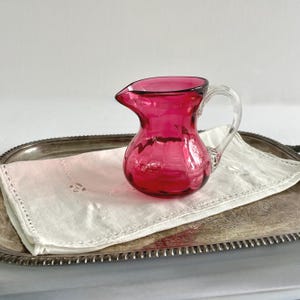 Hand Blown Cranberry Glass Creamer Pitcher: Clear Handle Art Glass