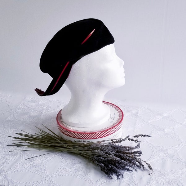 Vintage Black Velour Half Hat with Feather. bonwit teller.