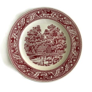 Vintage Memory Lane Dinner Plate . Currier & Ives . Pink/Red Transferware