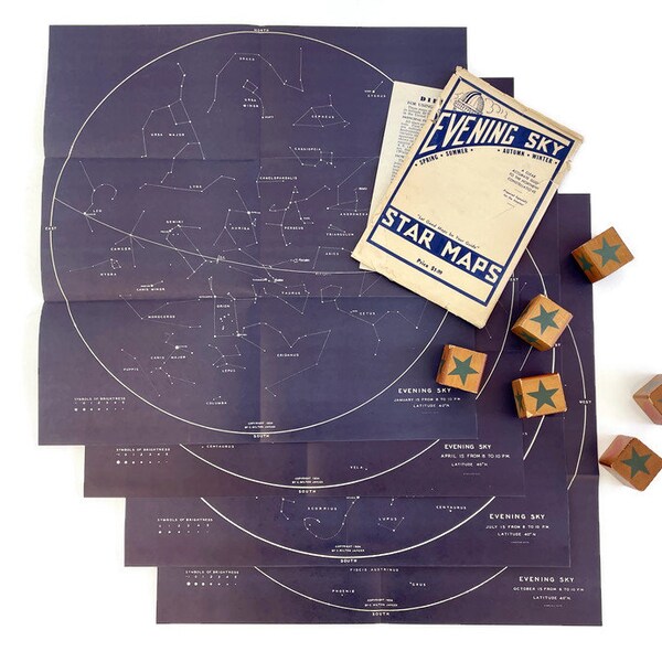 Vintage Star Maps . 1935 Evening Sky Charts . Set of 4. Gift for Astronomer
