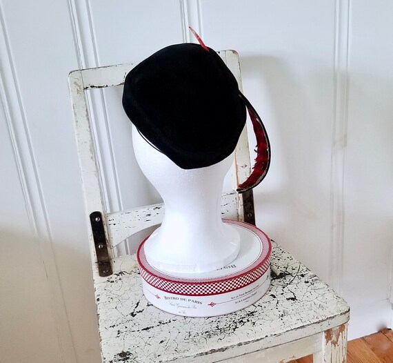 Vintage Black Velour Half Hat with Feather. bonwi… - image 3